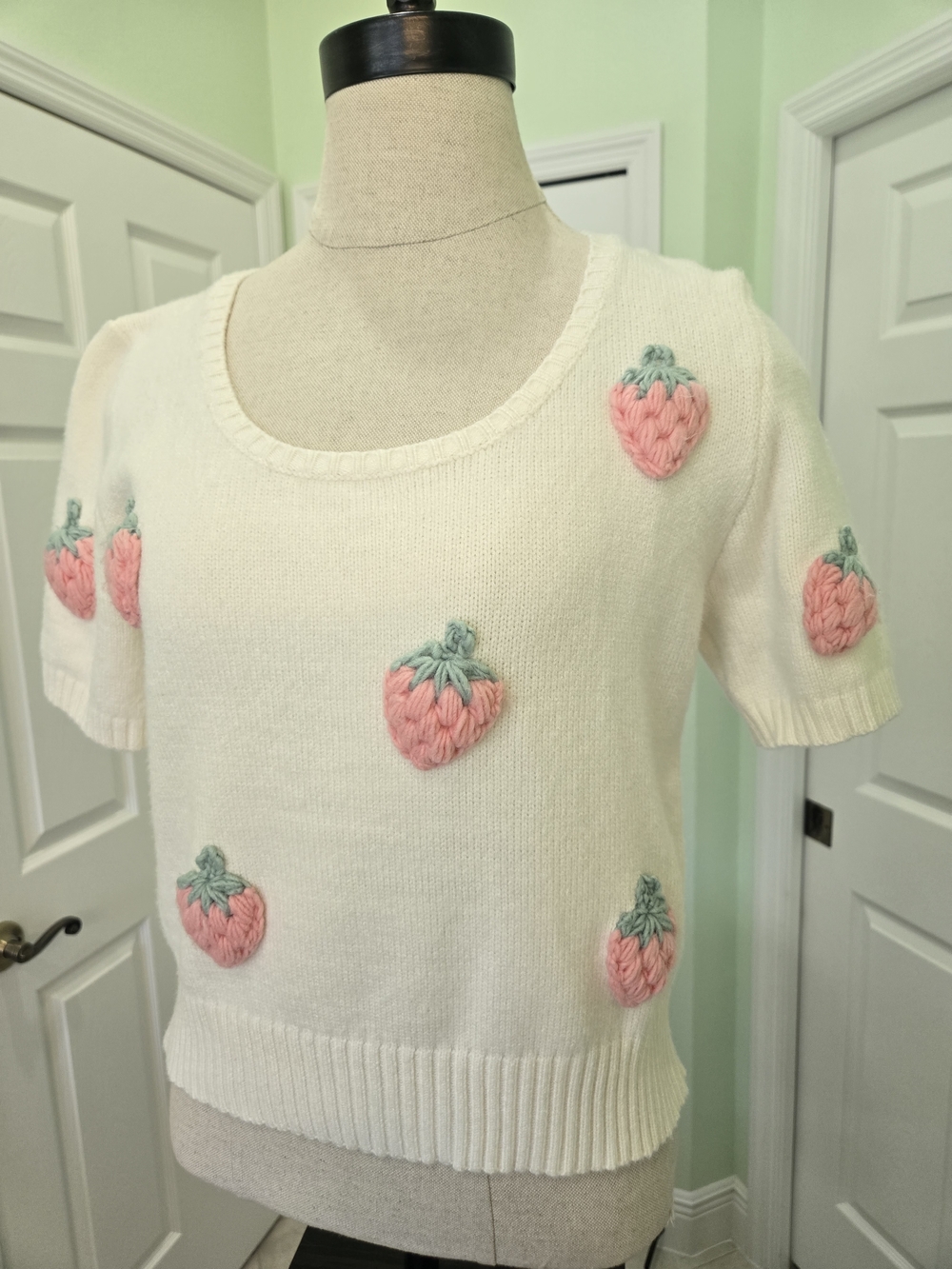 Luna Ivy Cream Crochet Strawberry Sweater Knit Top Cottage Farmhouse L